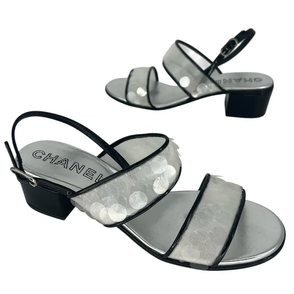 Chanel 2017 Sequin‎ Patent Leather Trim CC Heel Sandals 38C